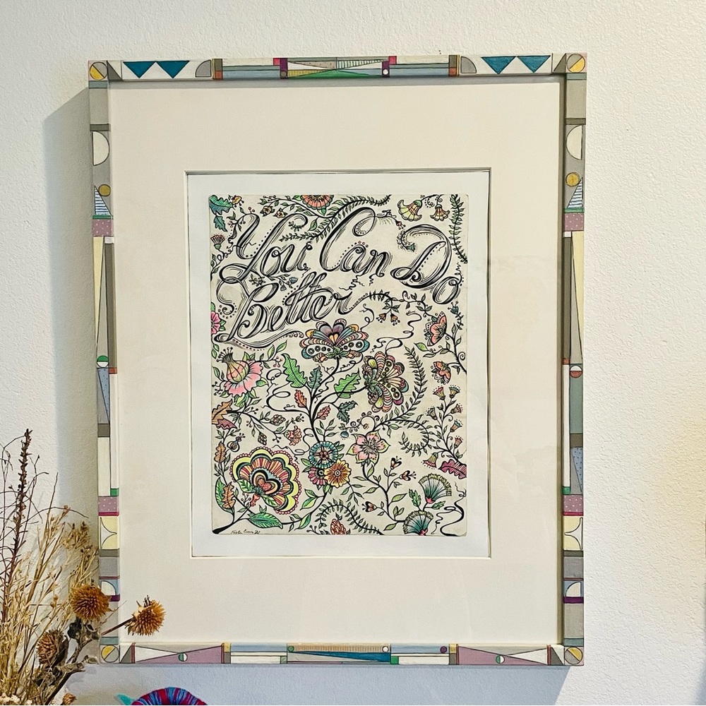 ORIGINAL FRAMED ART Tattoo Floral Ink Graphic Drawing & Painted Geometric Frame